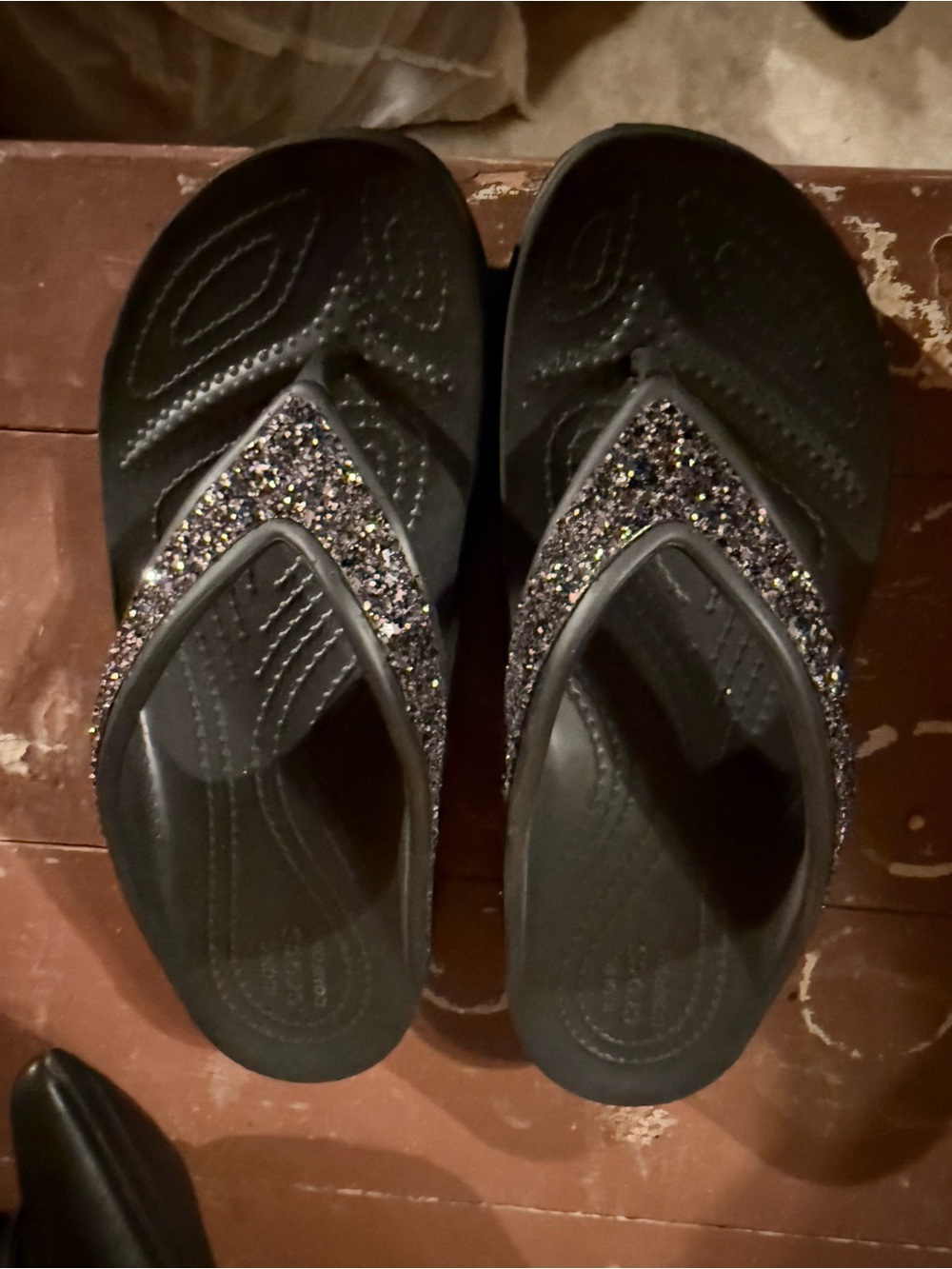 Crocs Black Glitter Strap Flip Flop Sandals
